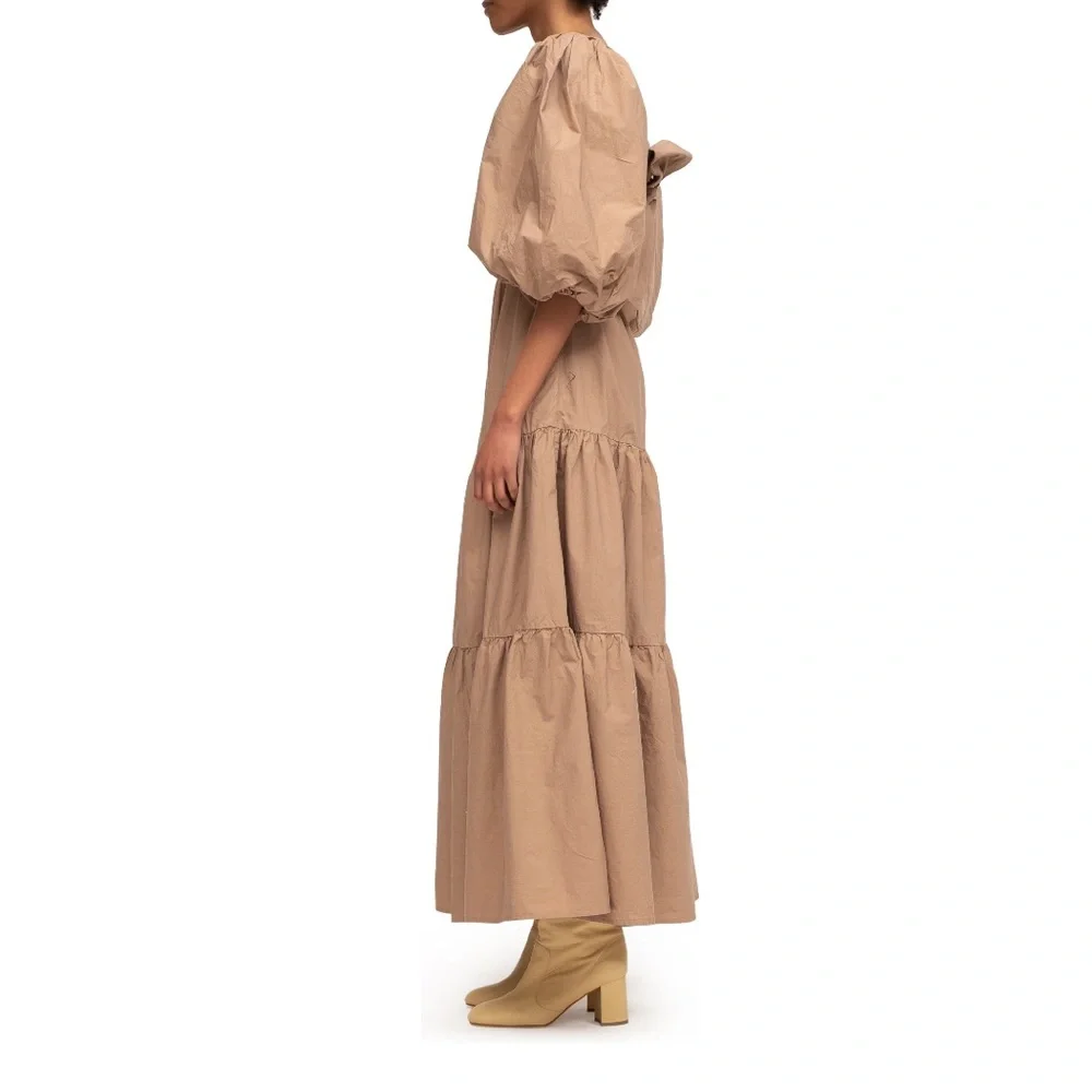 Sea Puff Sleeve Open Back Smocked Cotton Maxi Midi Dress - Picture 7 of 7